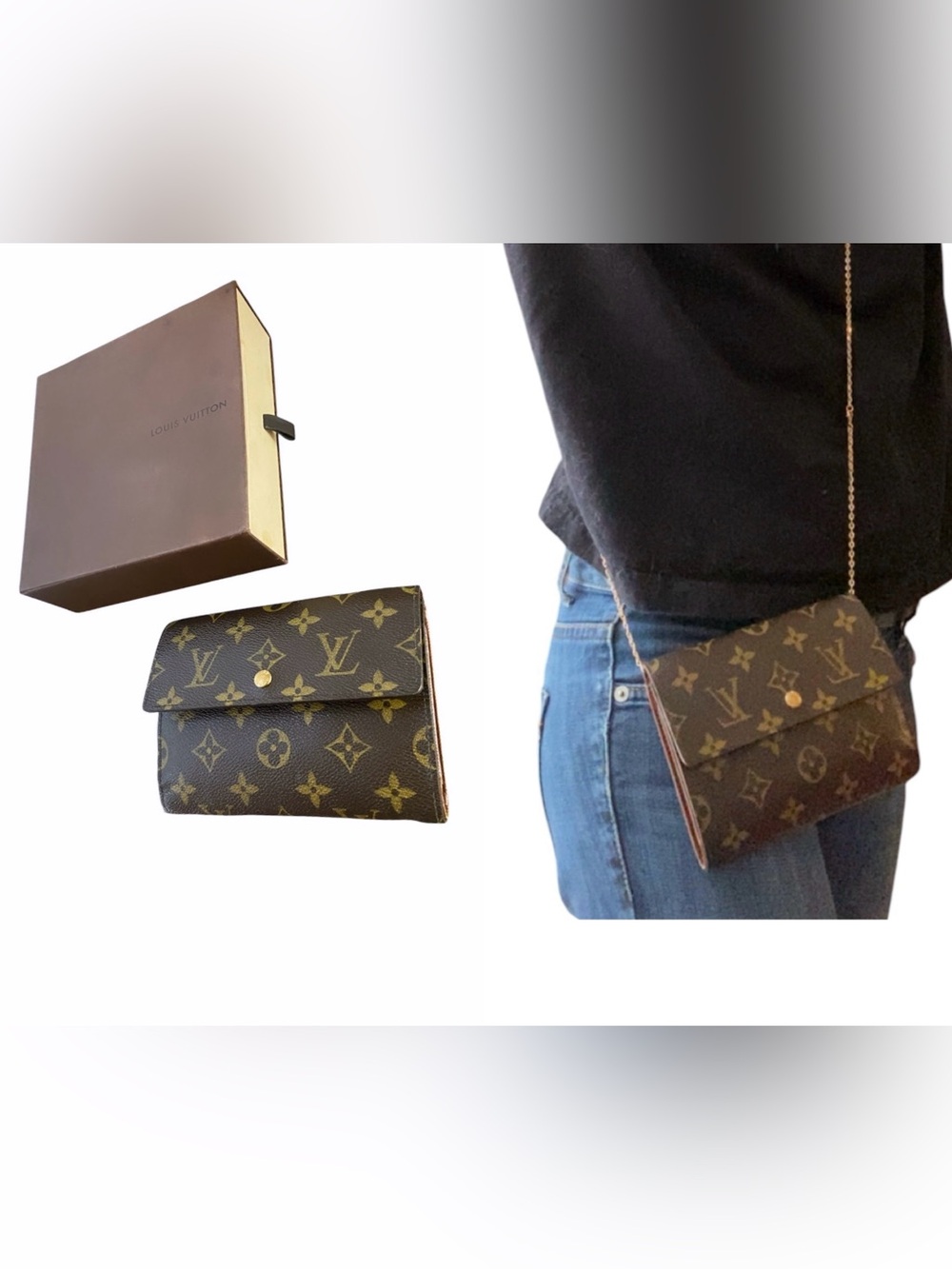 Authentic Louis Vuitton Monogram Long Wallet with Gold Chain
